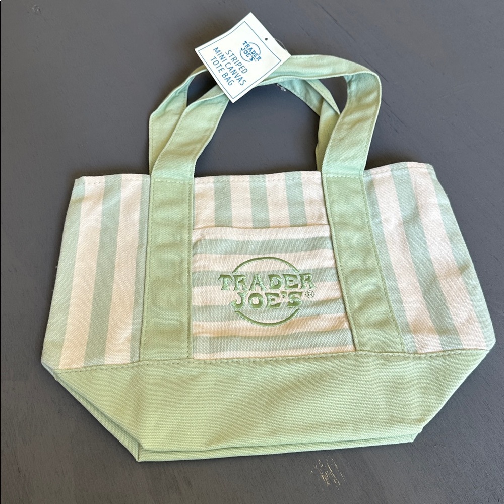 Trader Joe’s, mini canvas tote bag in green / sage stripes